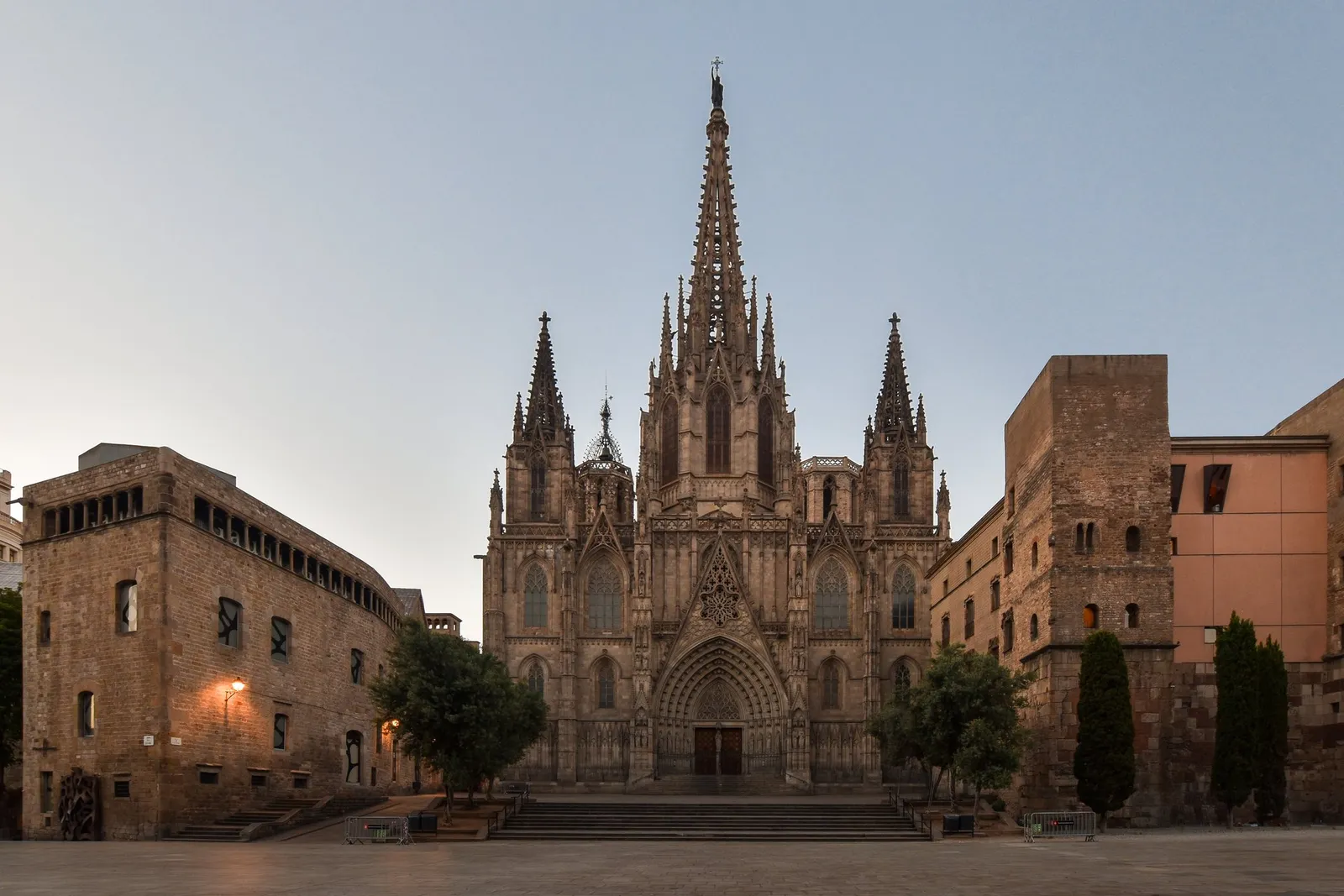 The Gothic front of Barcelona Cathedral with its spires