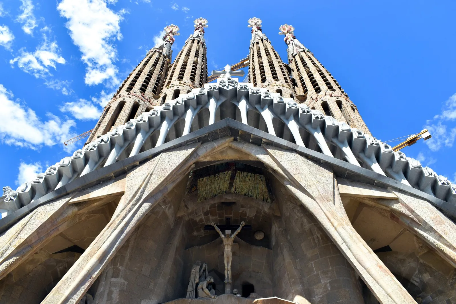The Passion façade of the Sagrada Família seen from below