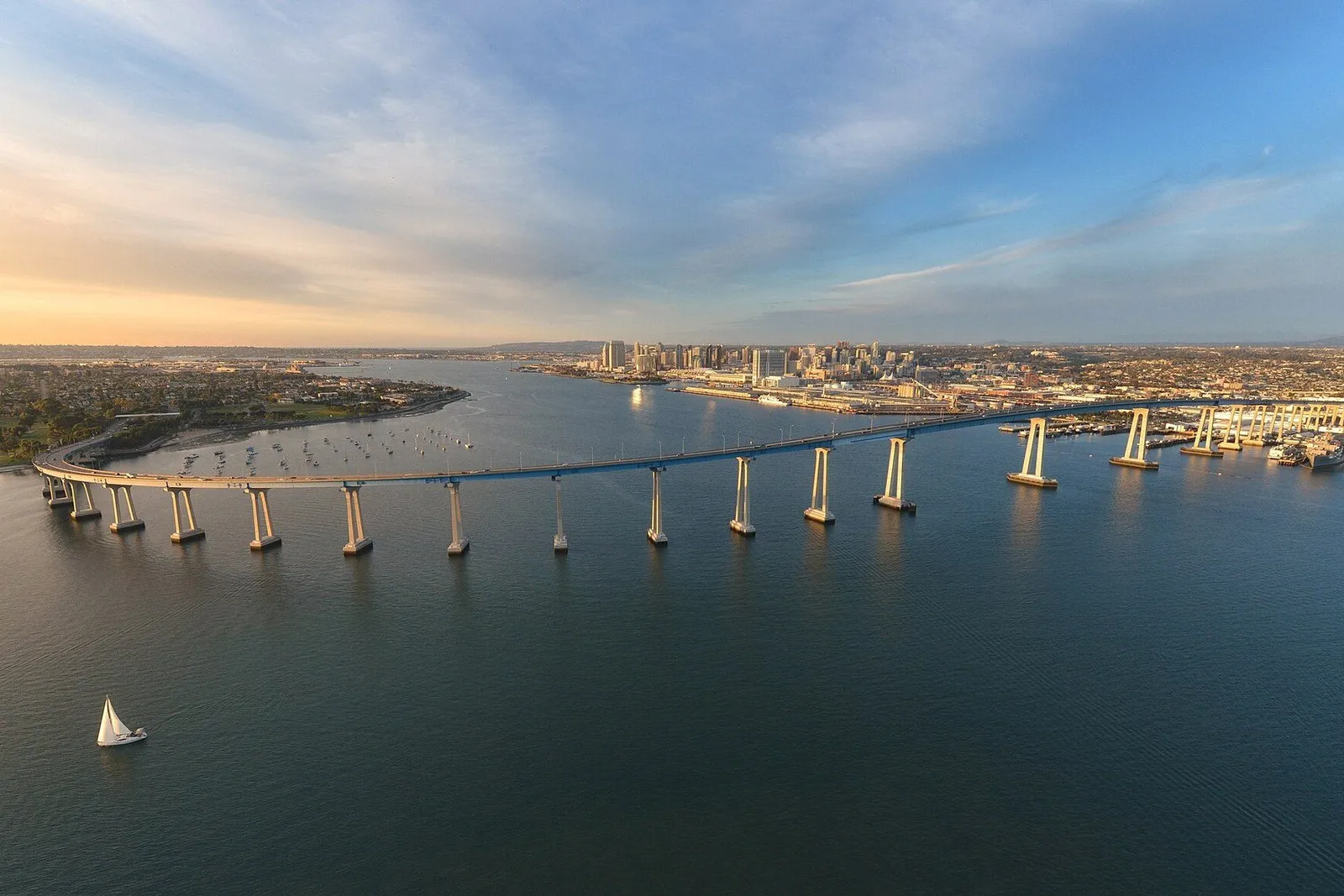 The San Diego–Coronado Bridge over the bay at sunset, downtown San Diego behind