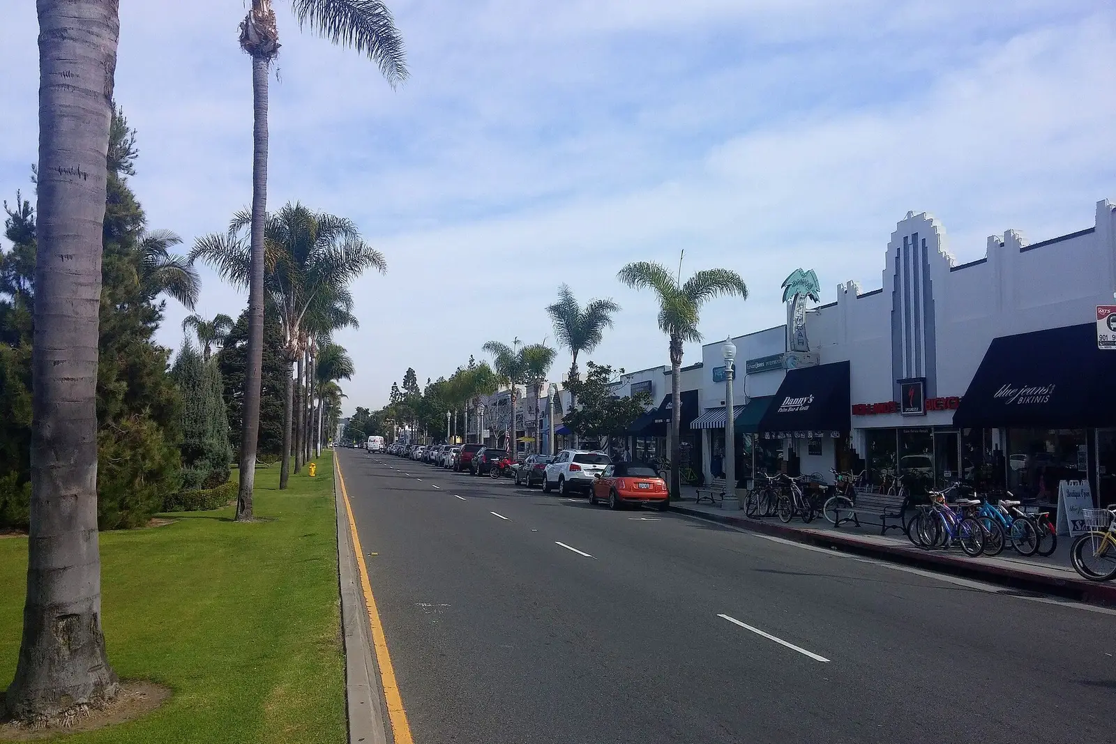 Orange Avenue in Coronado, with palms and the village’s low shopfronts