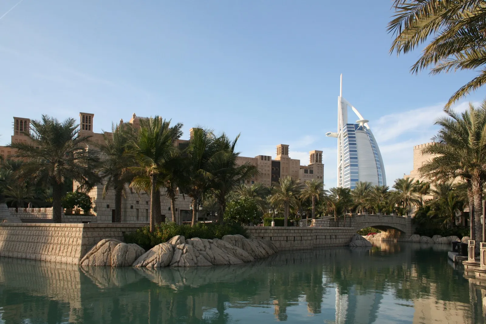 Madinat Jumeirah’s wind towers and waterways, with the Burj Al Arab behind