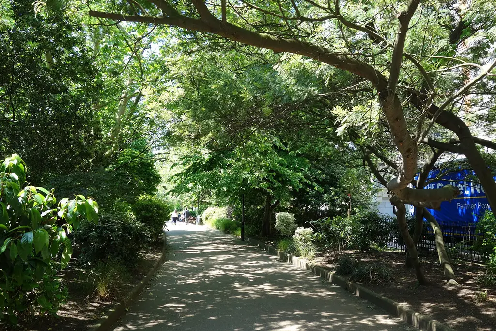 A tree-lined path in Victoria Embankment Gardens