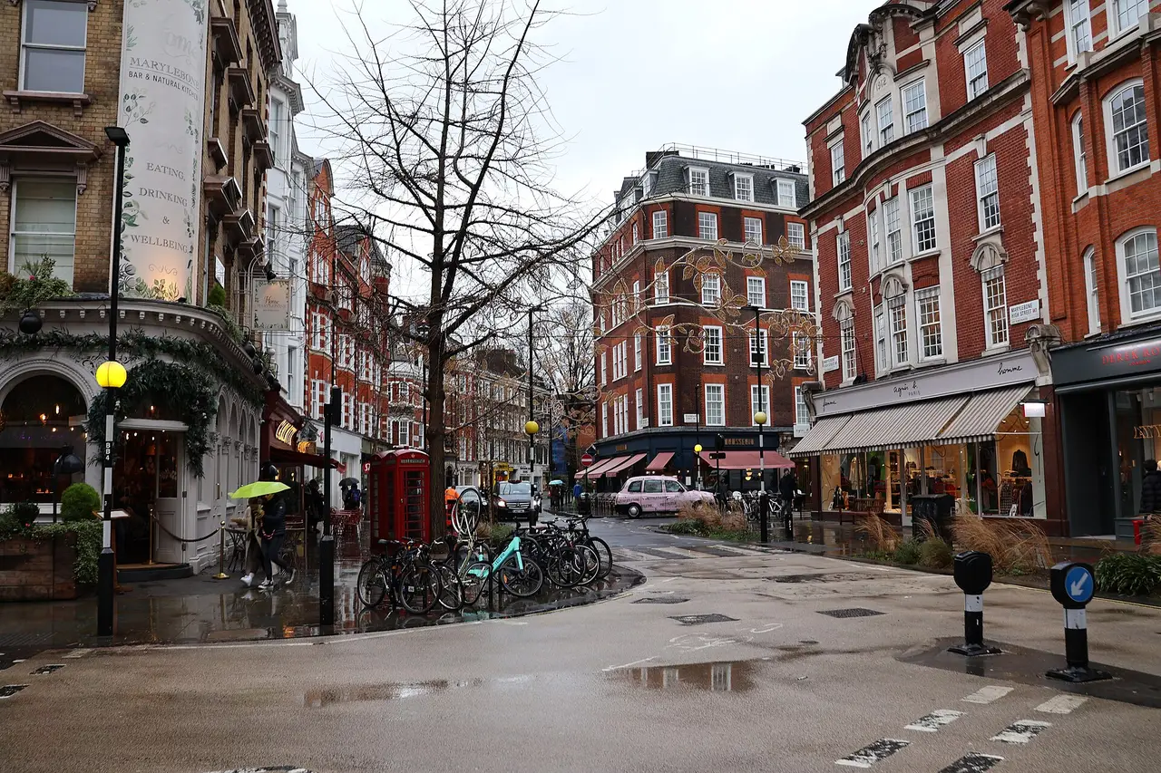 Marylebone High Street with its brick façades and shopfronts