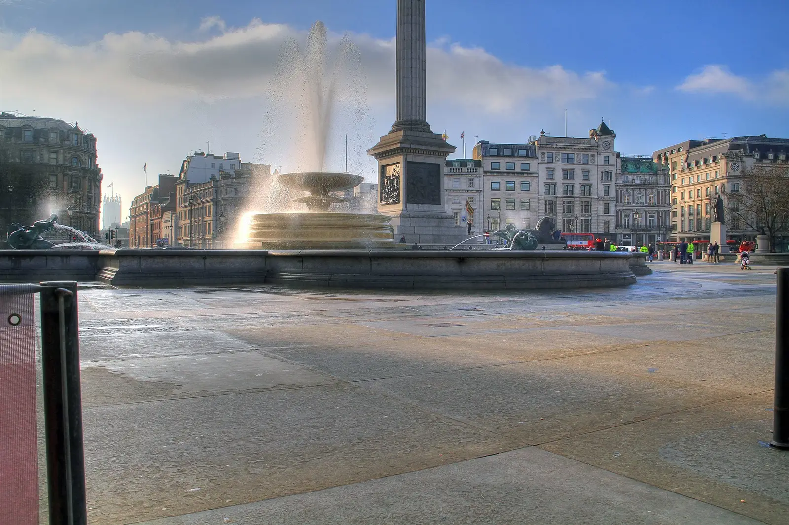 Trafalgar Square: the fountain and Nelson’s Column in morning light