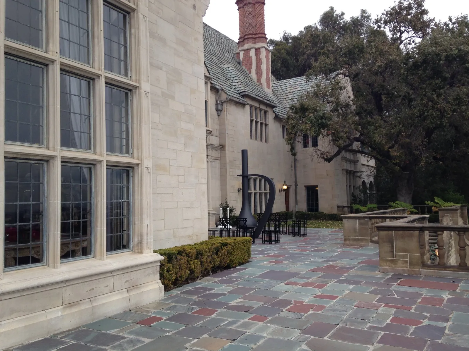 Greystone Mansion’s stone façade and paved courtyard