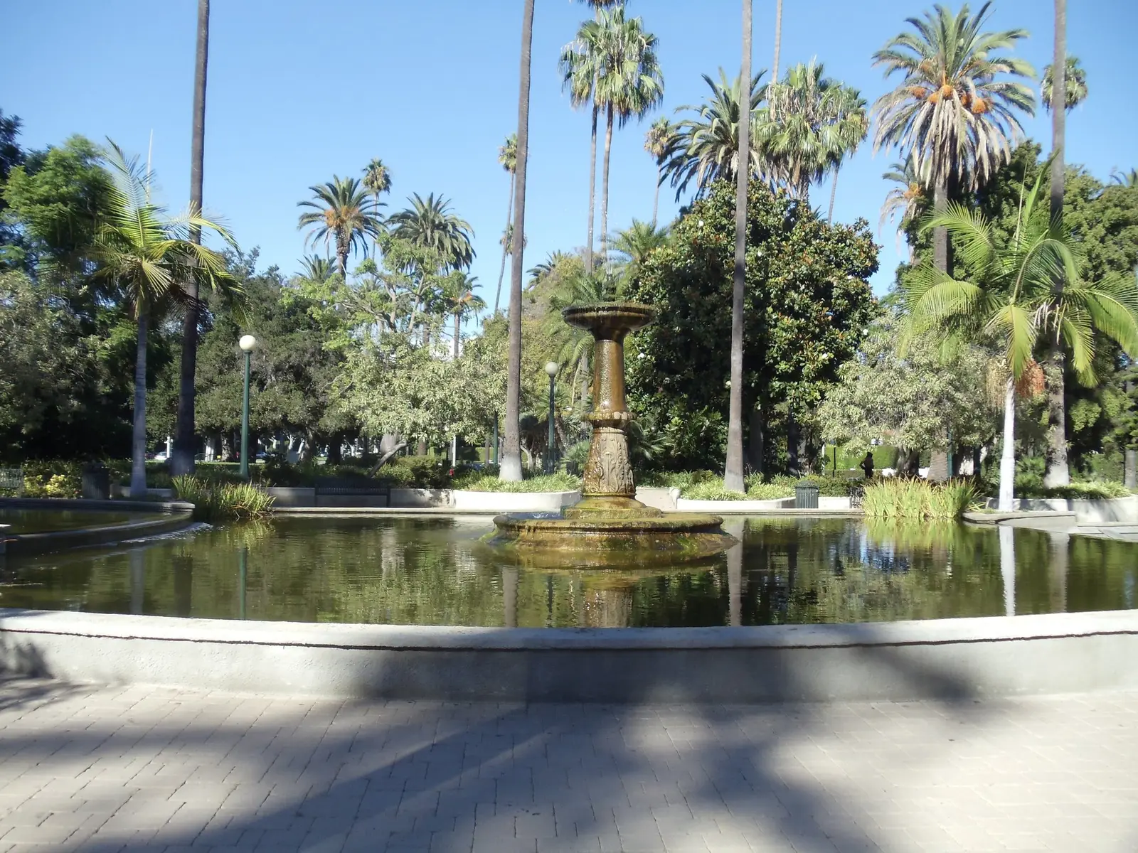 The fountain in Will Rogers Memorial Park among palms and trees