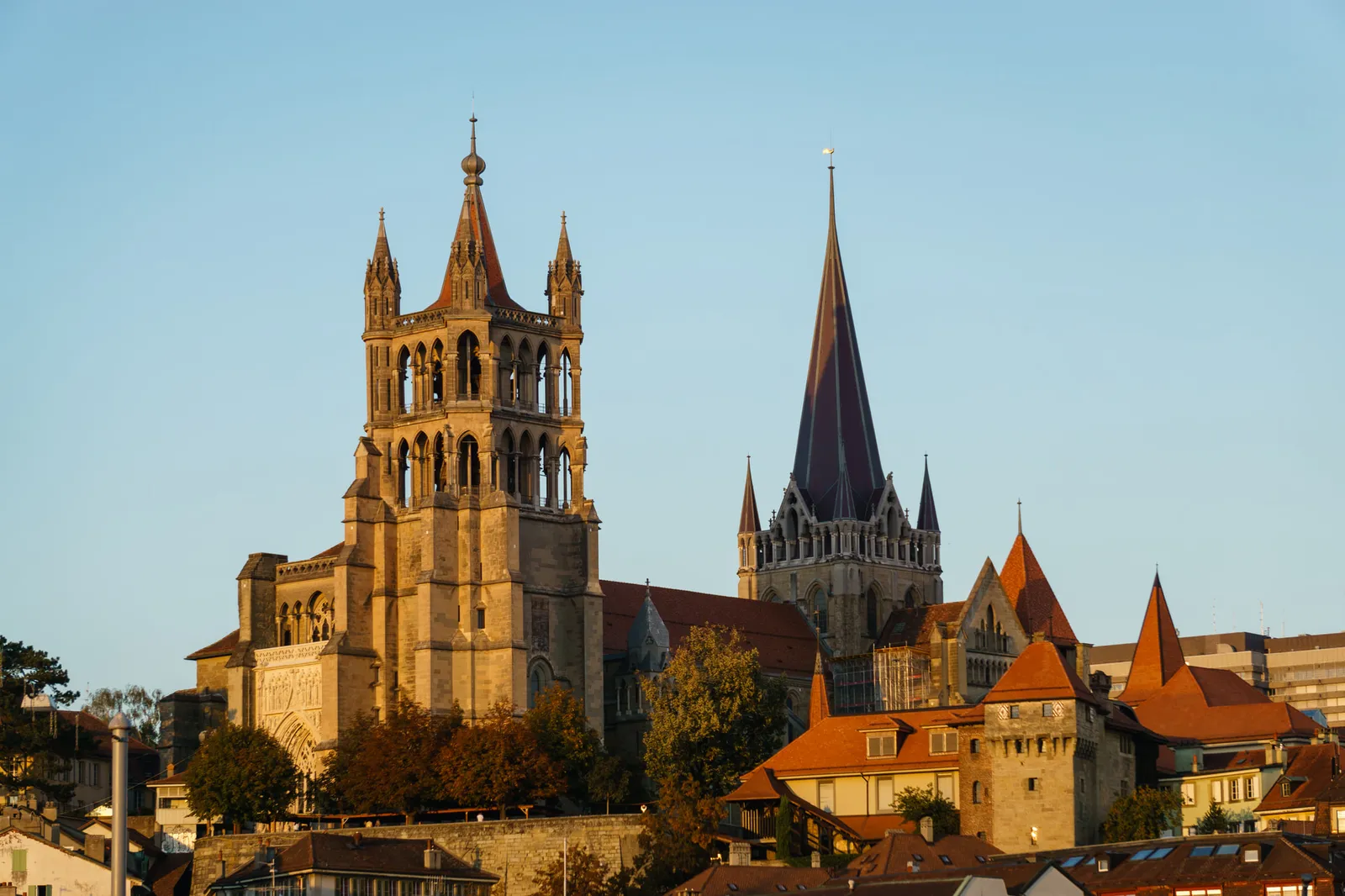 Lausanne Cathedral on its hill in warm, low sunlight: the bell tower, the spire over the crossing and, lower down, the red roofs of the old bishop’s palace