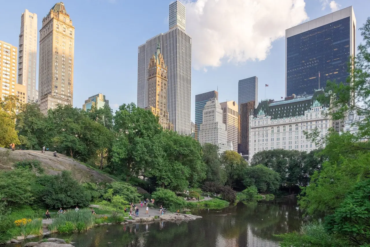 The Pond in Central Park between rocks and trees, with the Plaza Hotel and towers behind