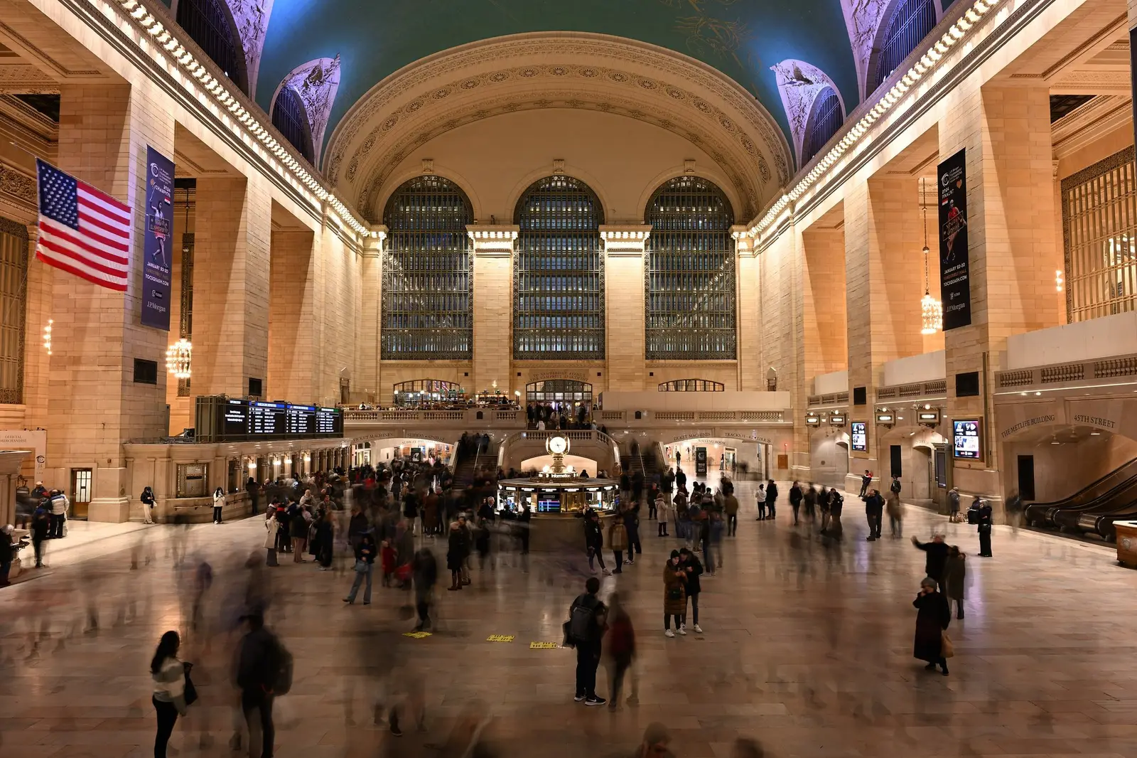 Grand Central’s main concourse looking west, the clock and the great windows
