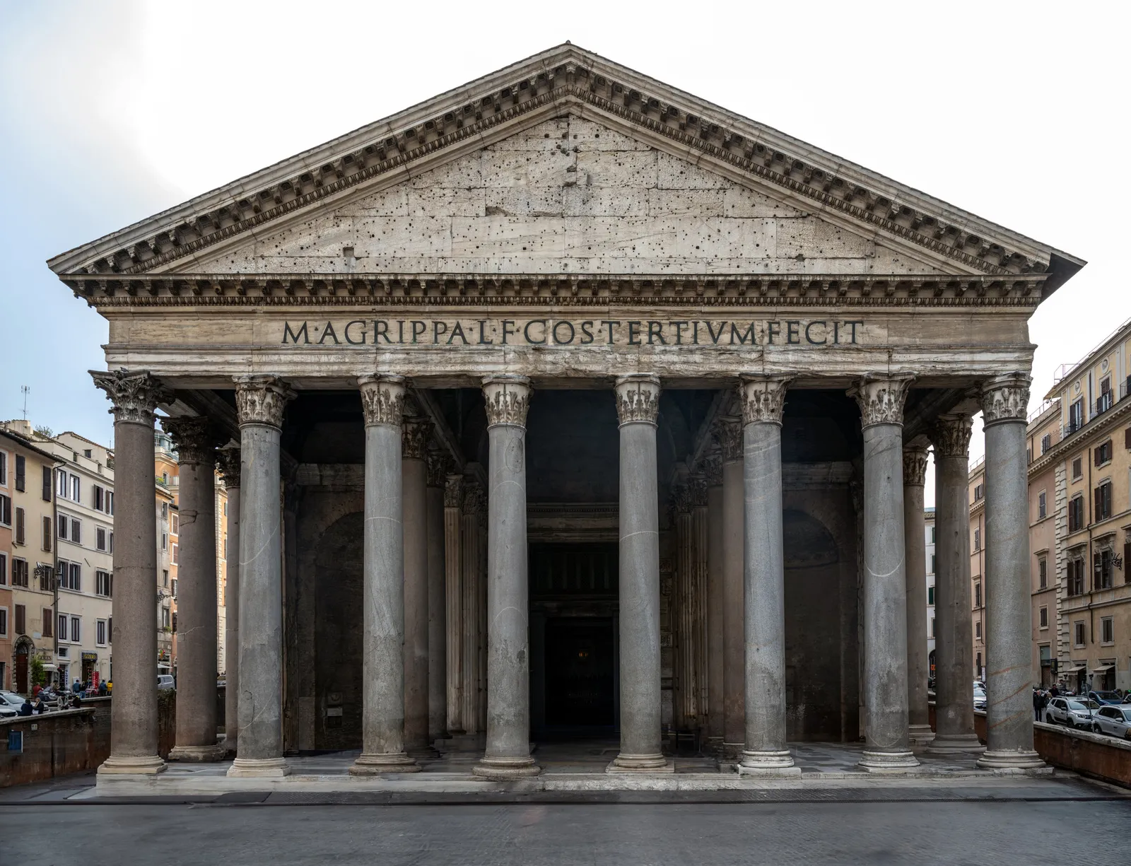 The Pantheon’s portico seen head-on, its granite columns and Agrippa’s inscription