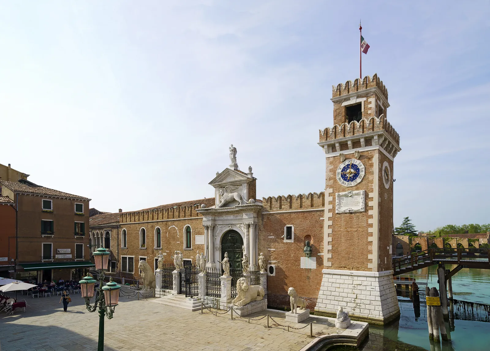 The Porta Magna of the Arsenale, with its stone lions and the clock tower, on Campo de l’Arsenal
