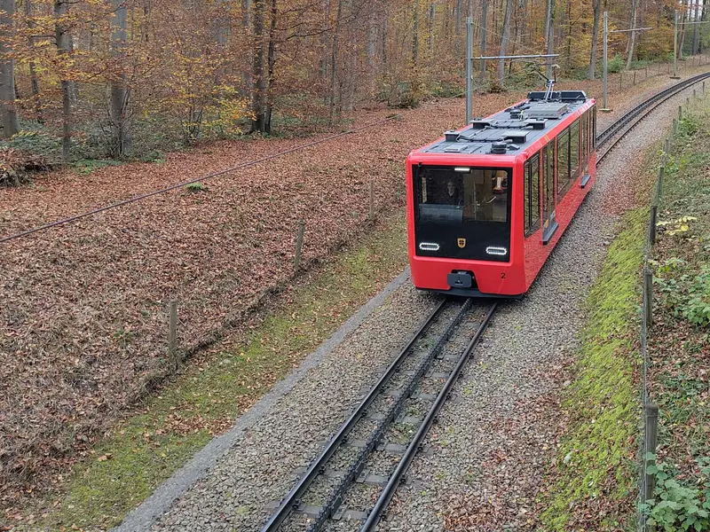 The red Dolderbahn railcar on its rack track through an autumn wood