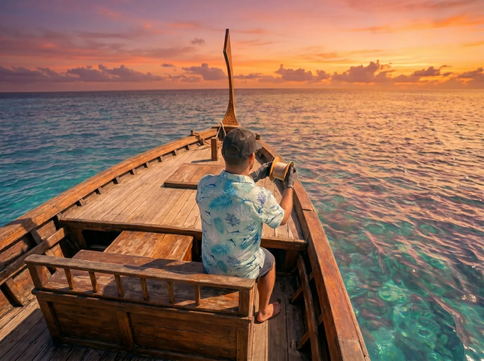 A man sitting in a dhoni’s bow, photographing the sunset over a calm sea