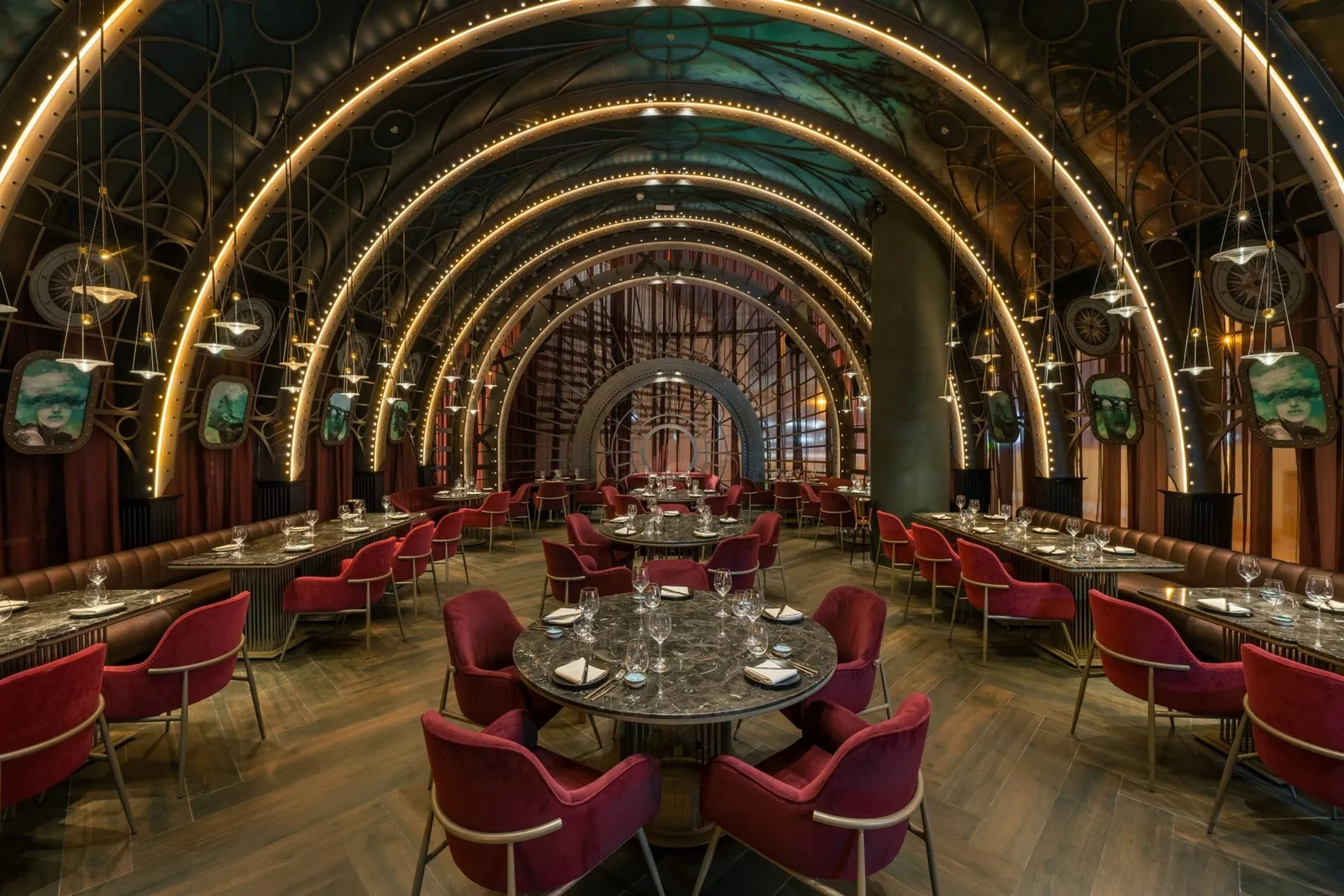 Amelia’s dining room under arches of lights