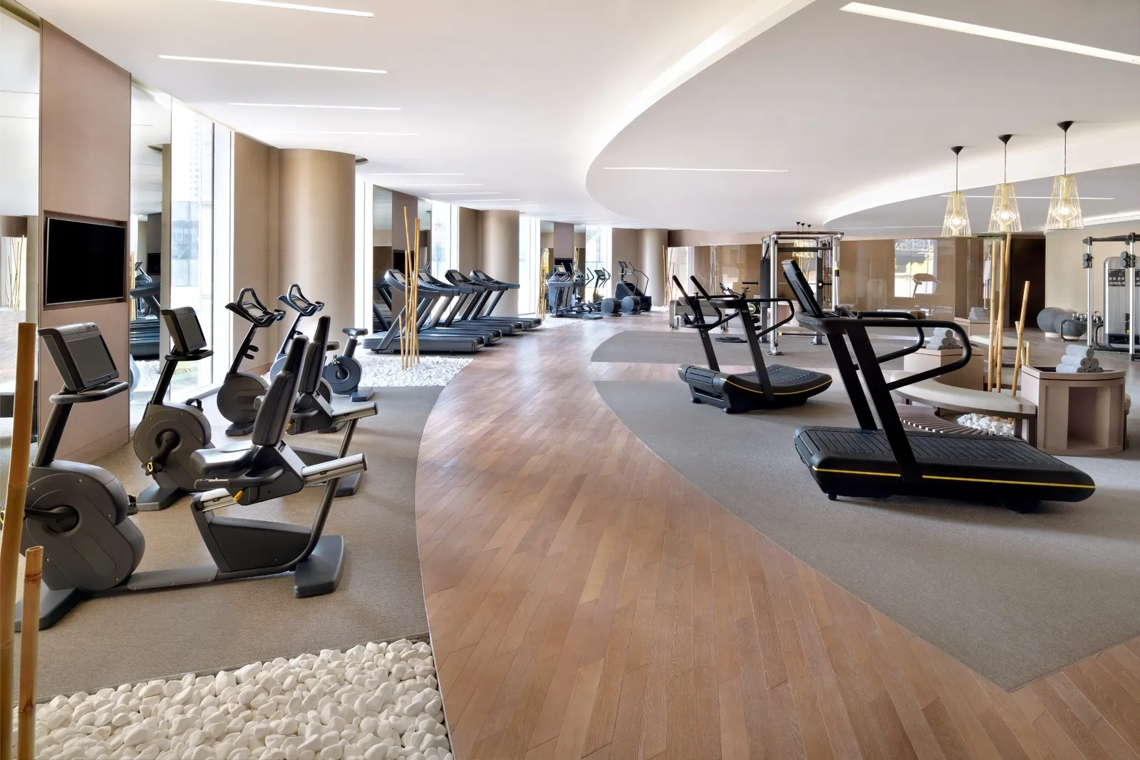 The gym with treadmills and bikes facing the glass