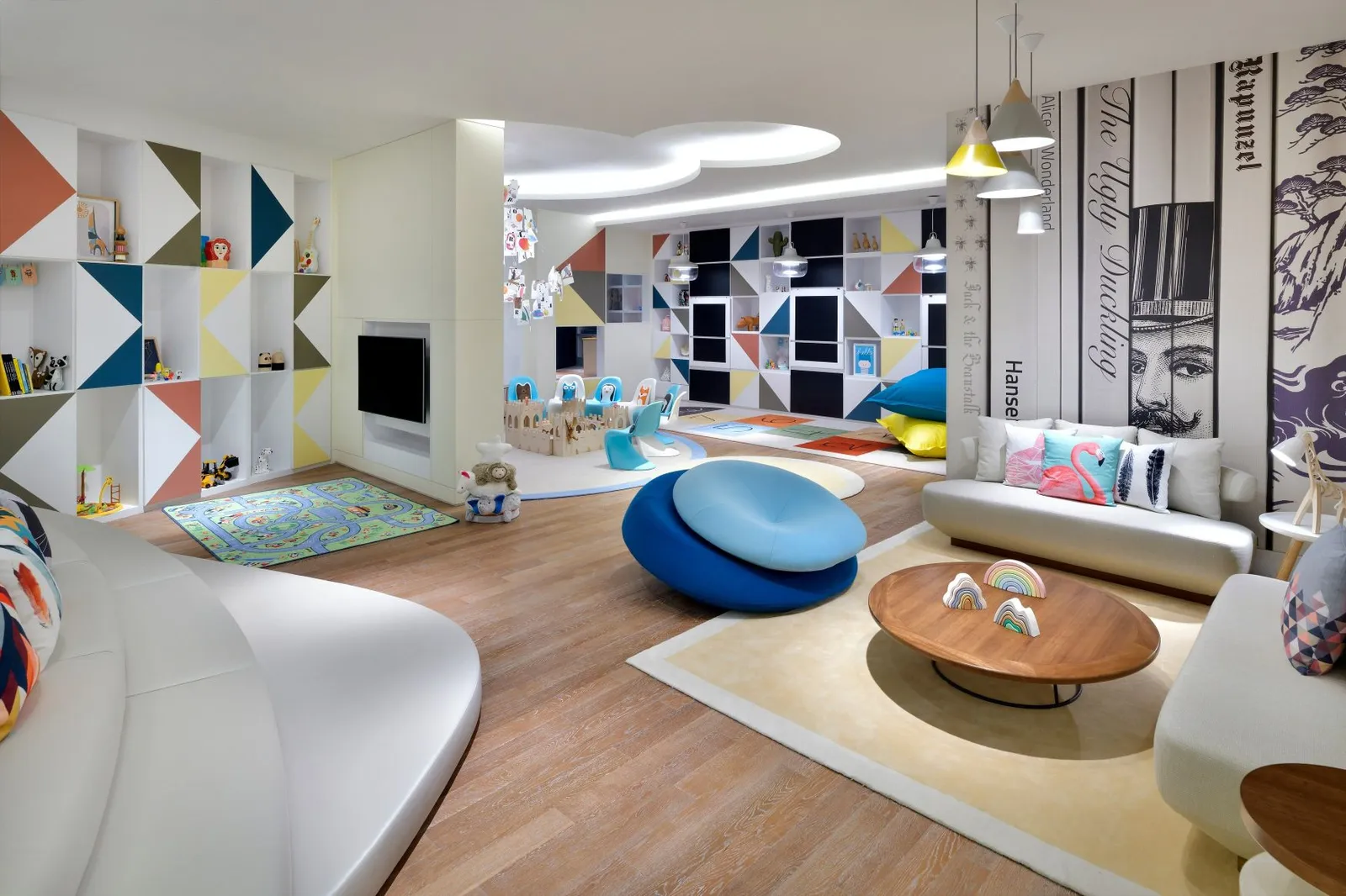 The colourful Qix Club room with beanbags and games