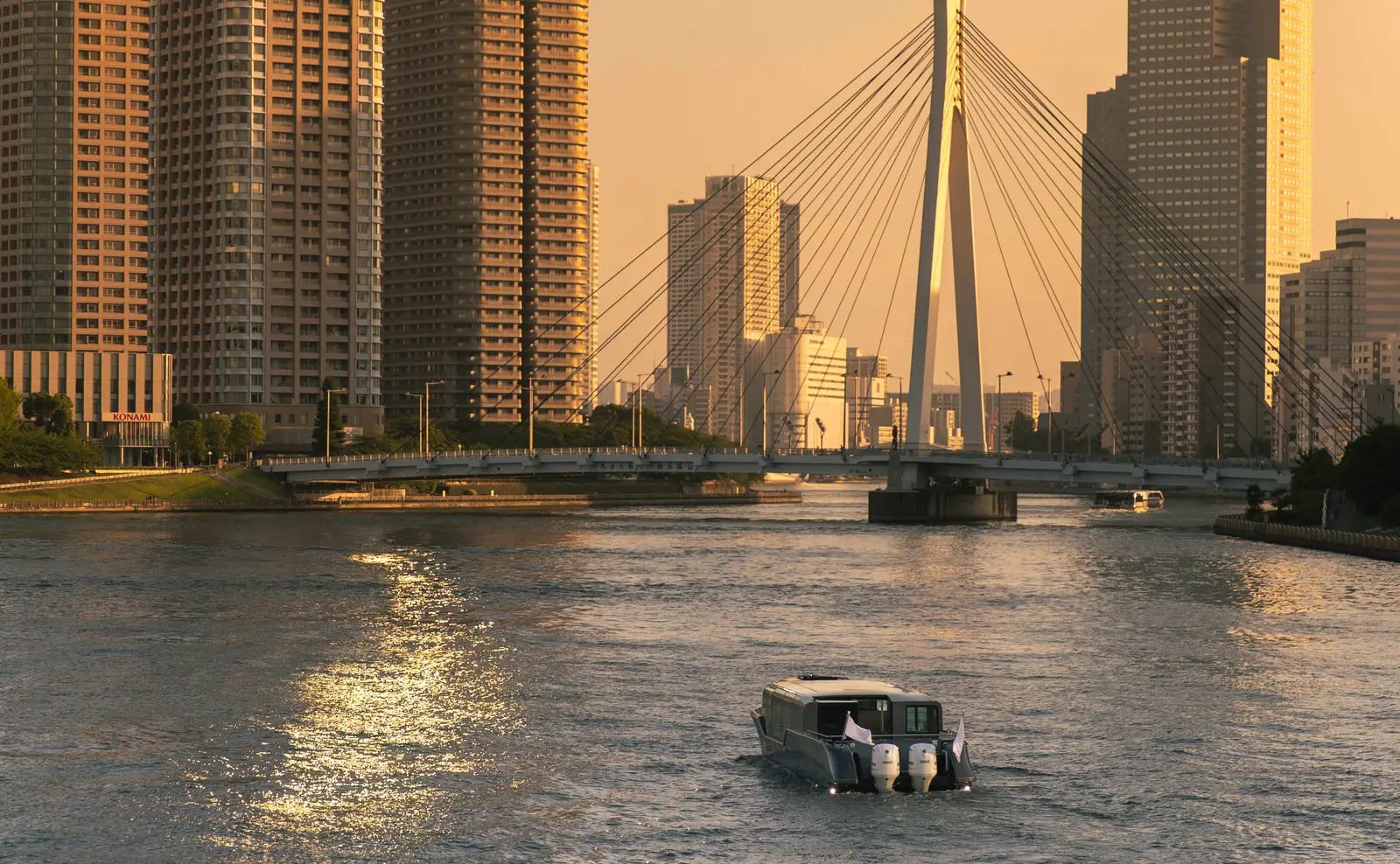 A white boat on the Sumida River at sunset, between residential towers and a cable-stayed bridge.