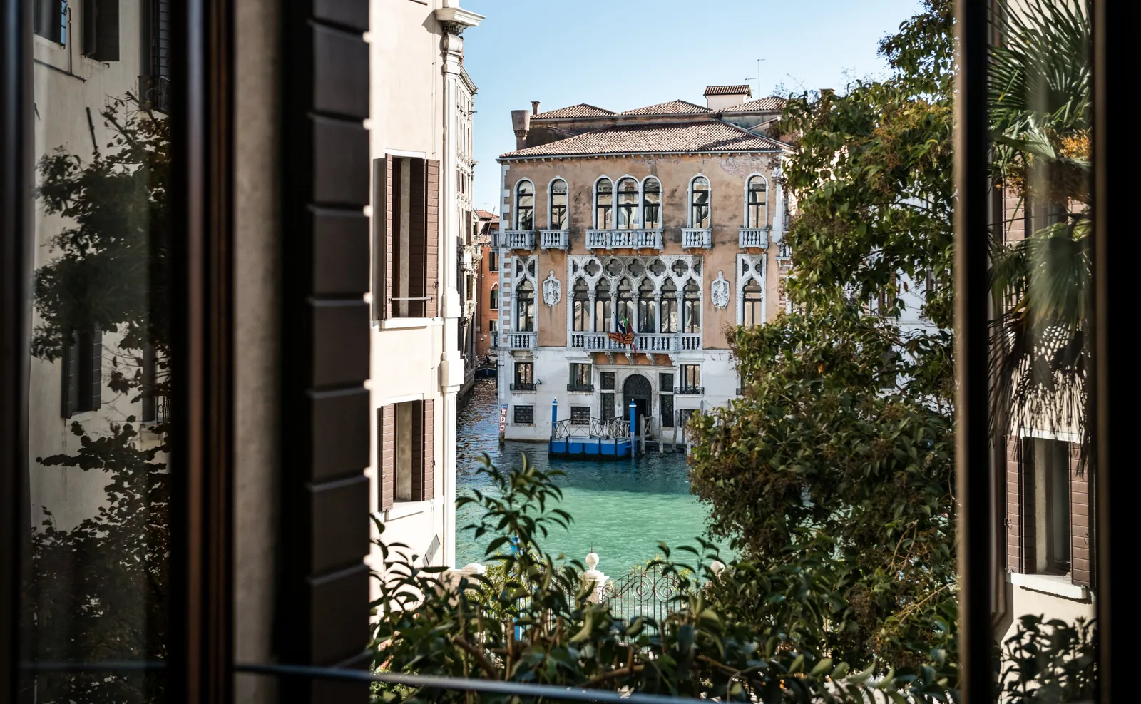 Through an open window, between the garden’s leaves, a Gothic palazzo on the far bank of the Grand Canal.