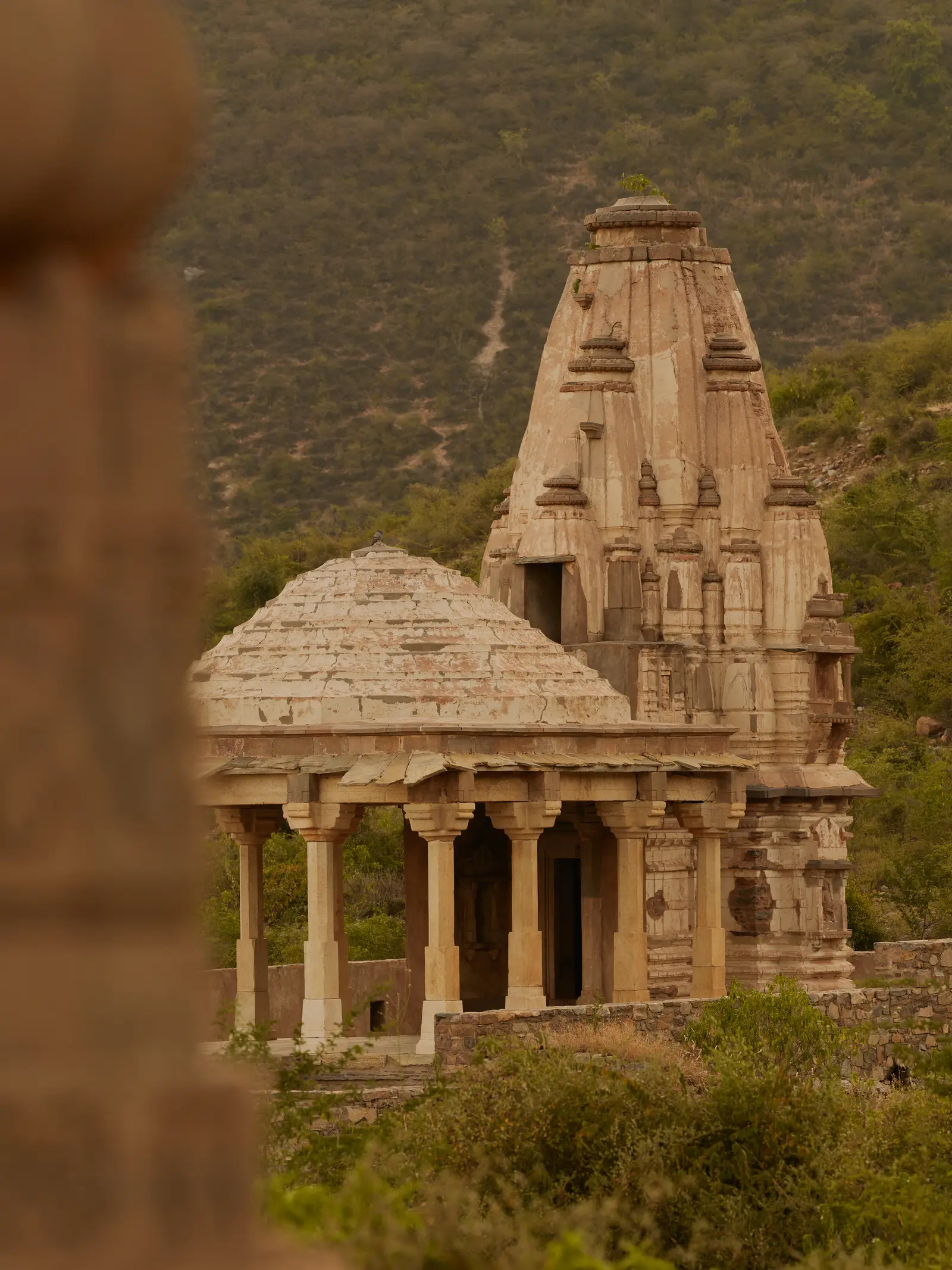 A ruined temple at Bhangarh among trees, a hill behind it