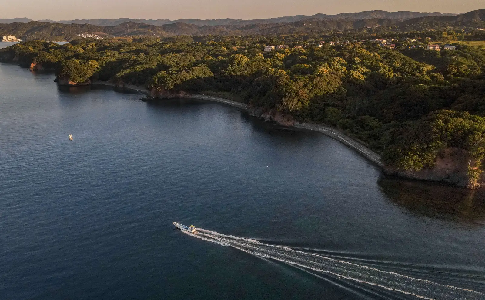 Ago Bay from the air: a wooded peninsula, calm water and a boat’s wake