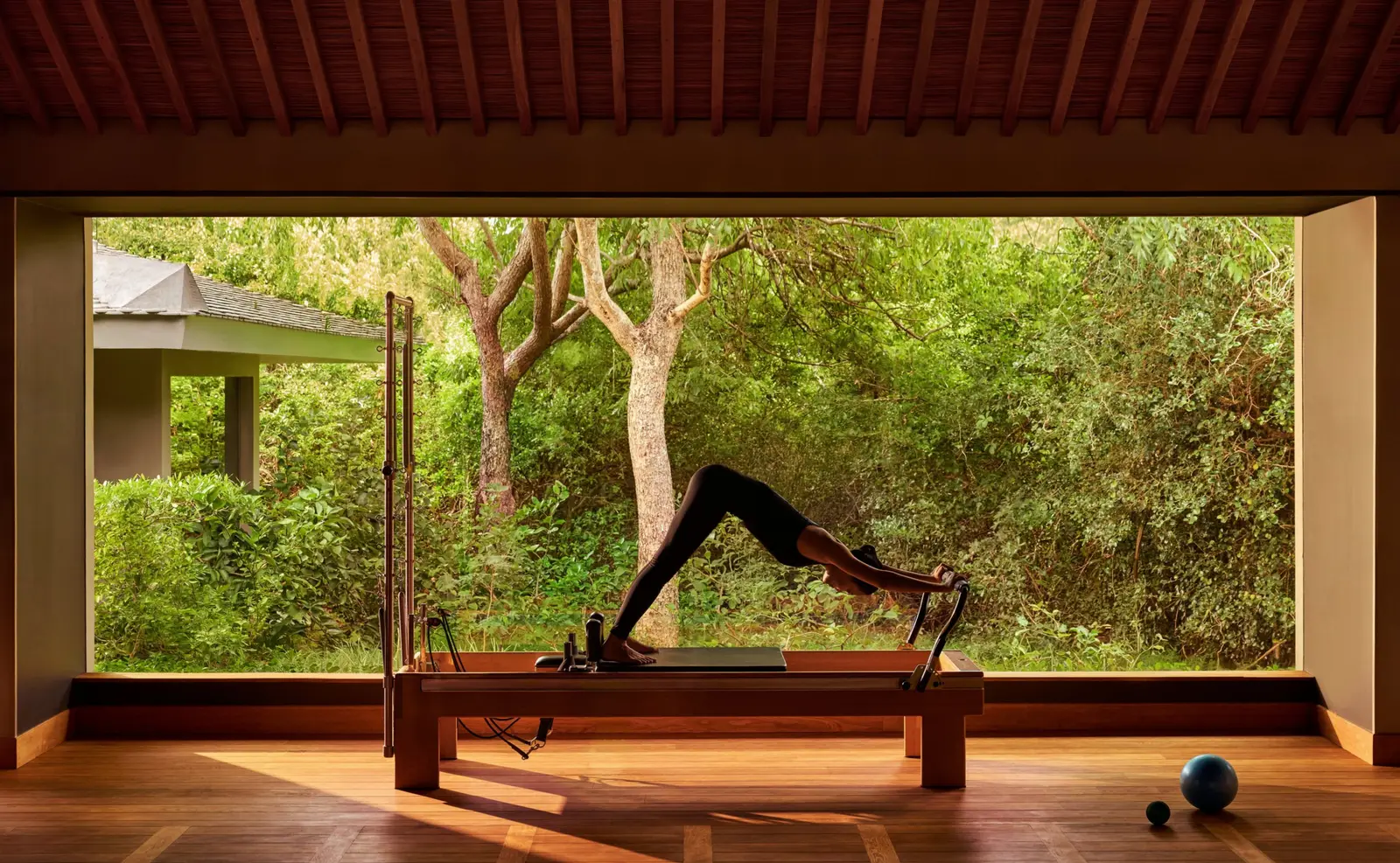 The Pilates studio: a reformer before the glass wall onto the trees