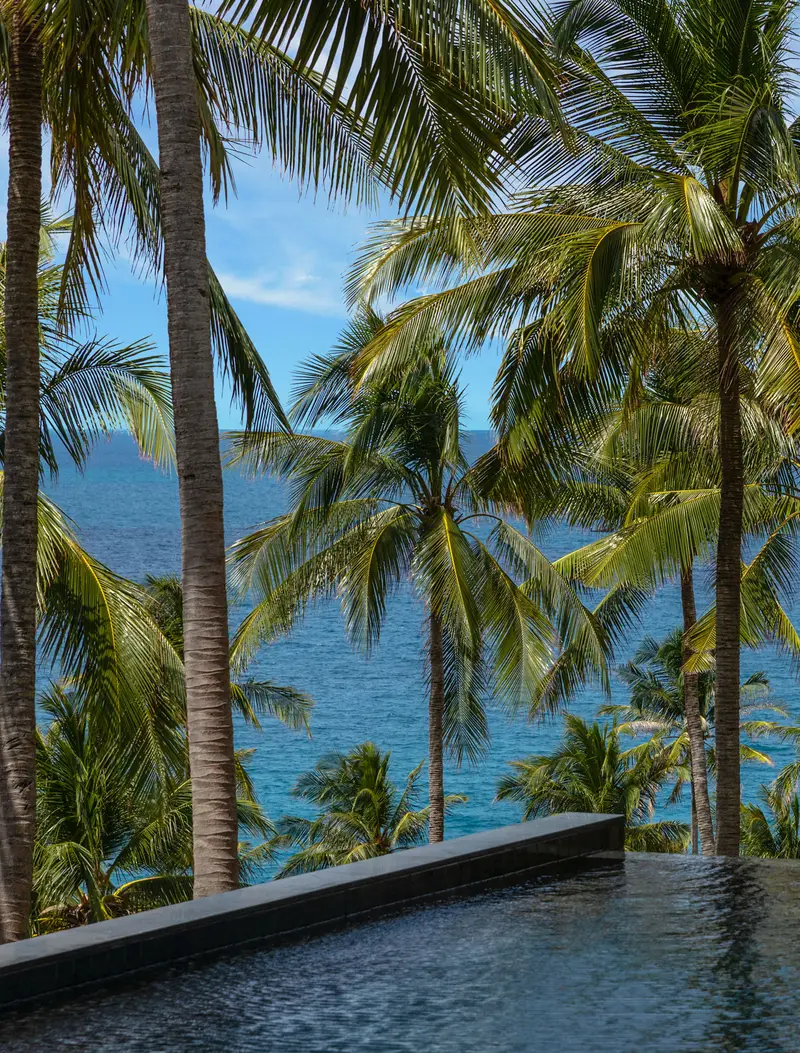 A pool pavilion’s edge with the sea seen between coconut palms