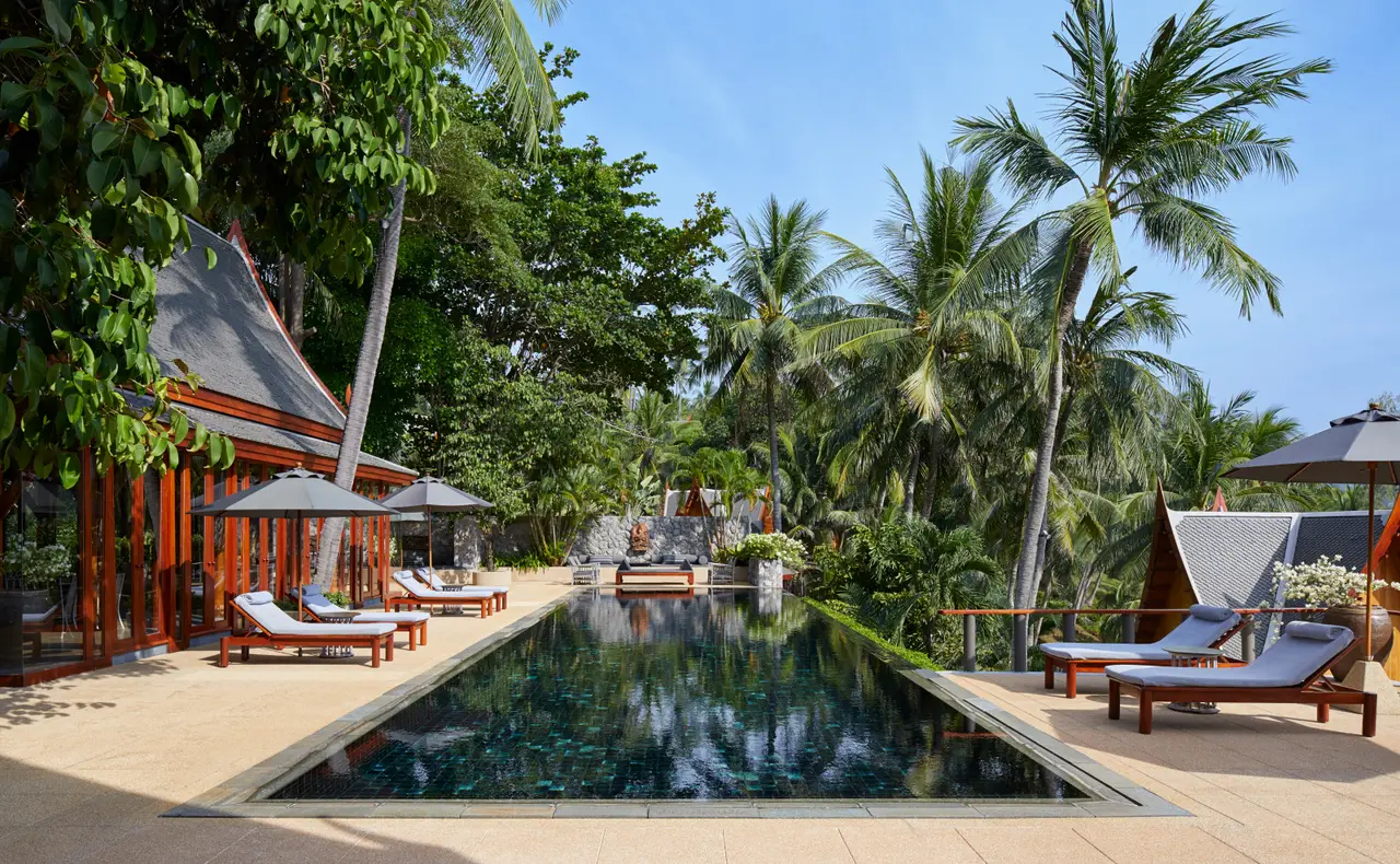 A long terrace with a pool and loungers, palms and the sea