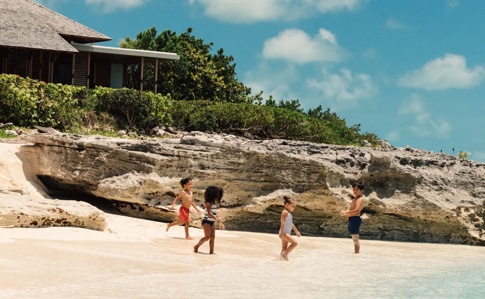 4 children play on the sand below a pale cliff, a pavilion among the vegetation above.