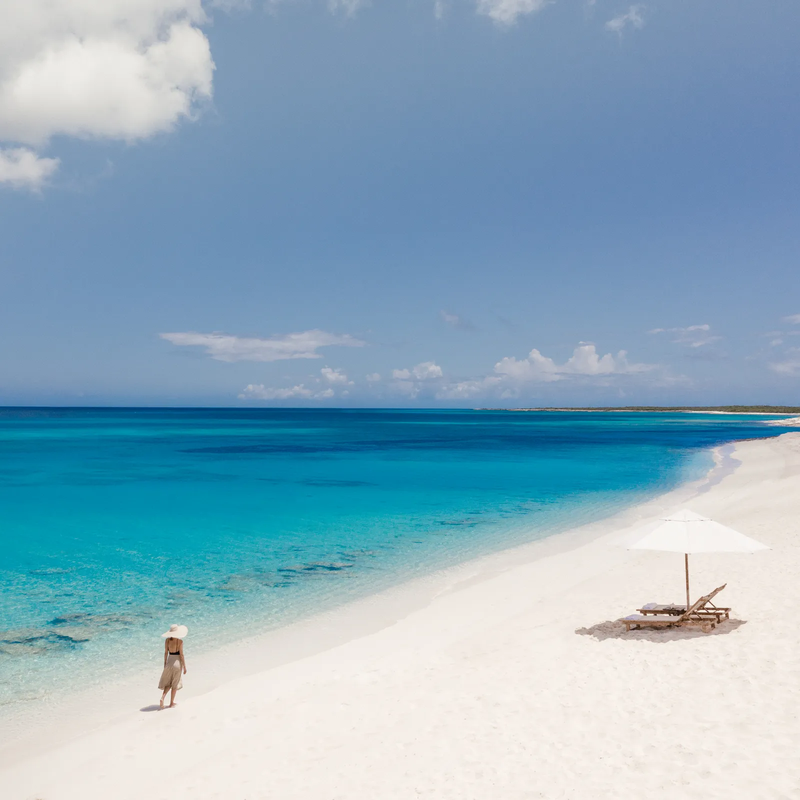 The white beach before turquoise water, a figure walking at the water’s edge and 2 loungers under a parasol.