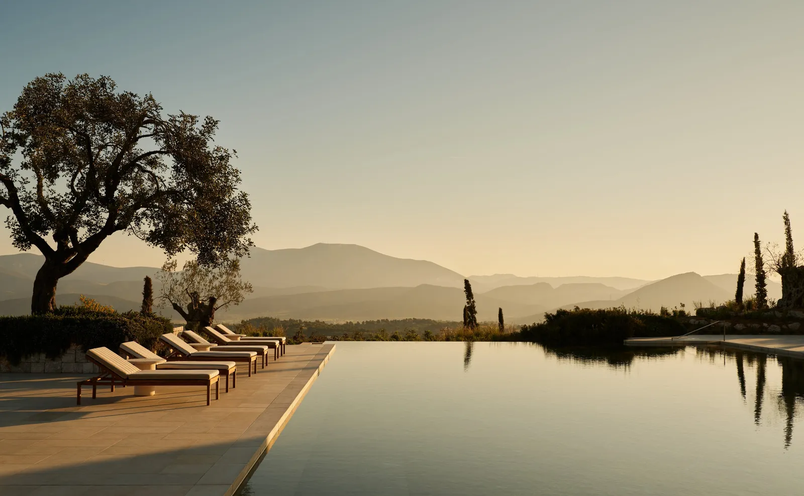 The main pool at dawn: a row of loungers along the edge, a large olive tree and the hills of the Peloponnese mirrored in still water.