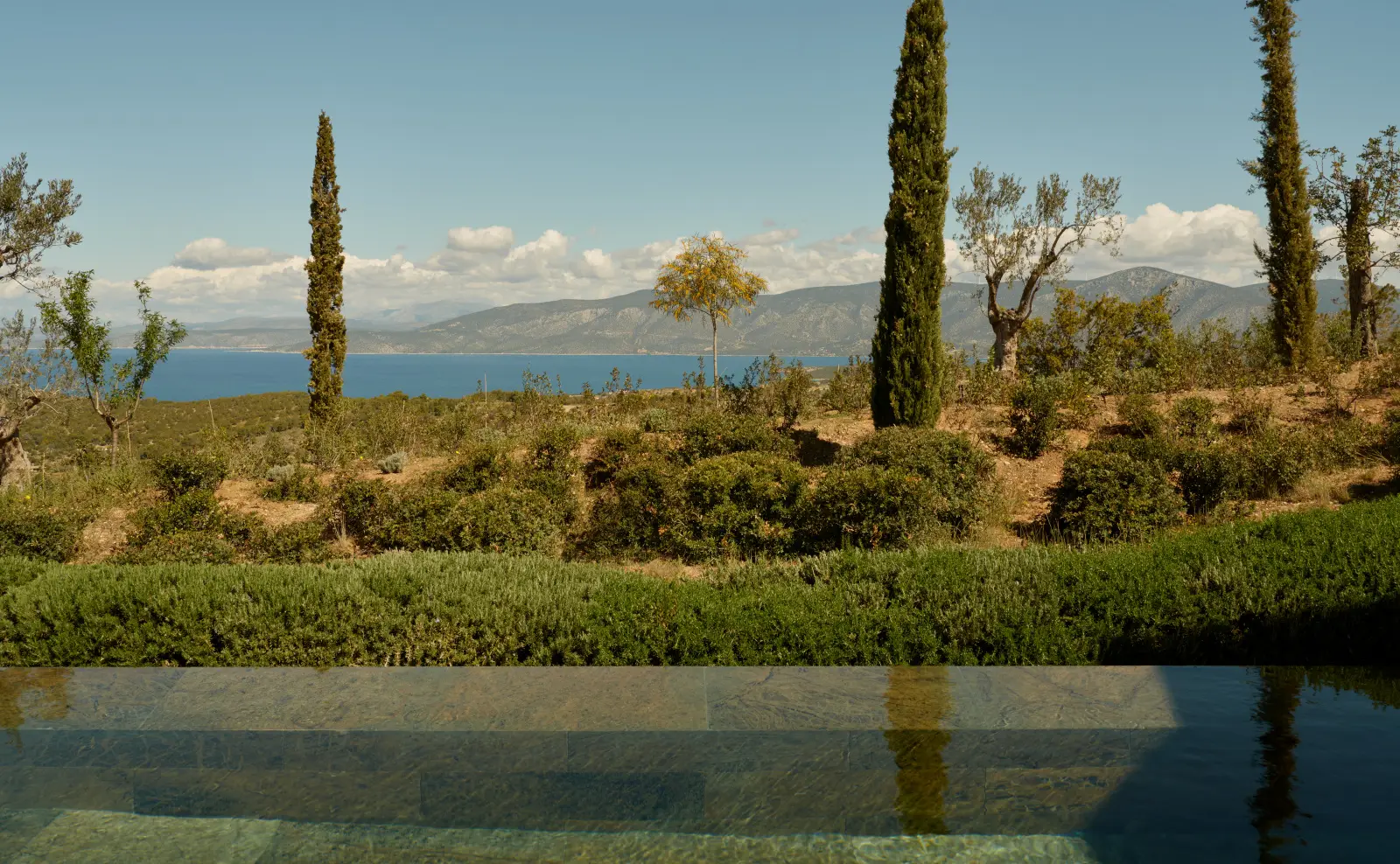 A pavilion’s pool looking over cypresses, olive trees and the sea, with mountains in the distance.