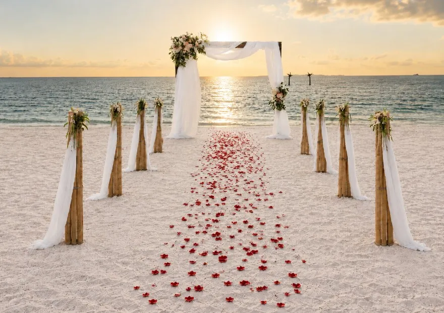 Una cerimonia in spiaggia al tramonto: l’arco di fiori, il corridoio di petali rossi e i pali avvolti nel tessuto bianco.