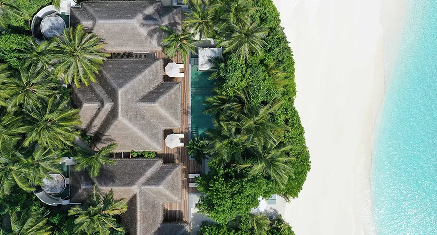 The Two Bedroom Beach Pool Residence from the air, between jungle and beach