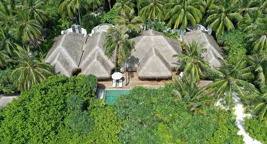The Three Bedroom Beach Pool Residence from the air, its roofs among the palms