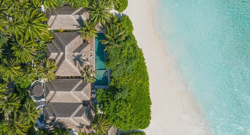 The Four Bedroom Beach Pool Residence from the air, on the beach