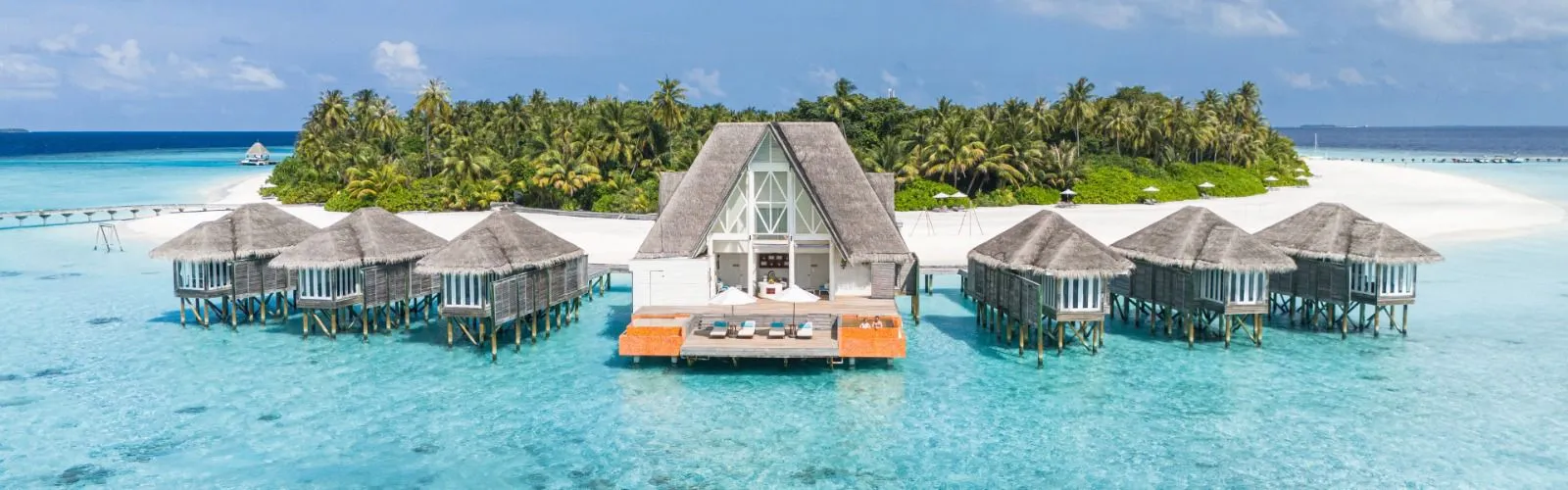 The spa’s pavilions over the water, in a row on the lagoon