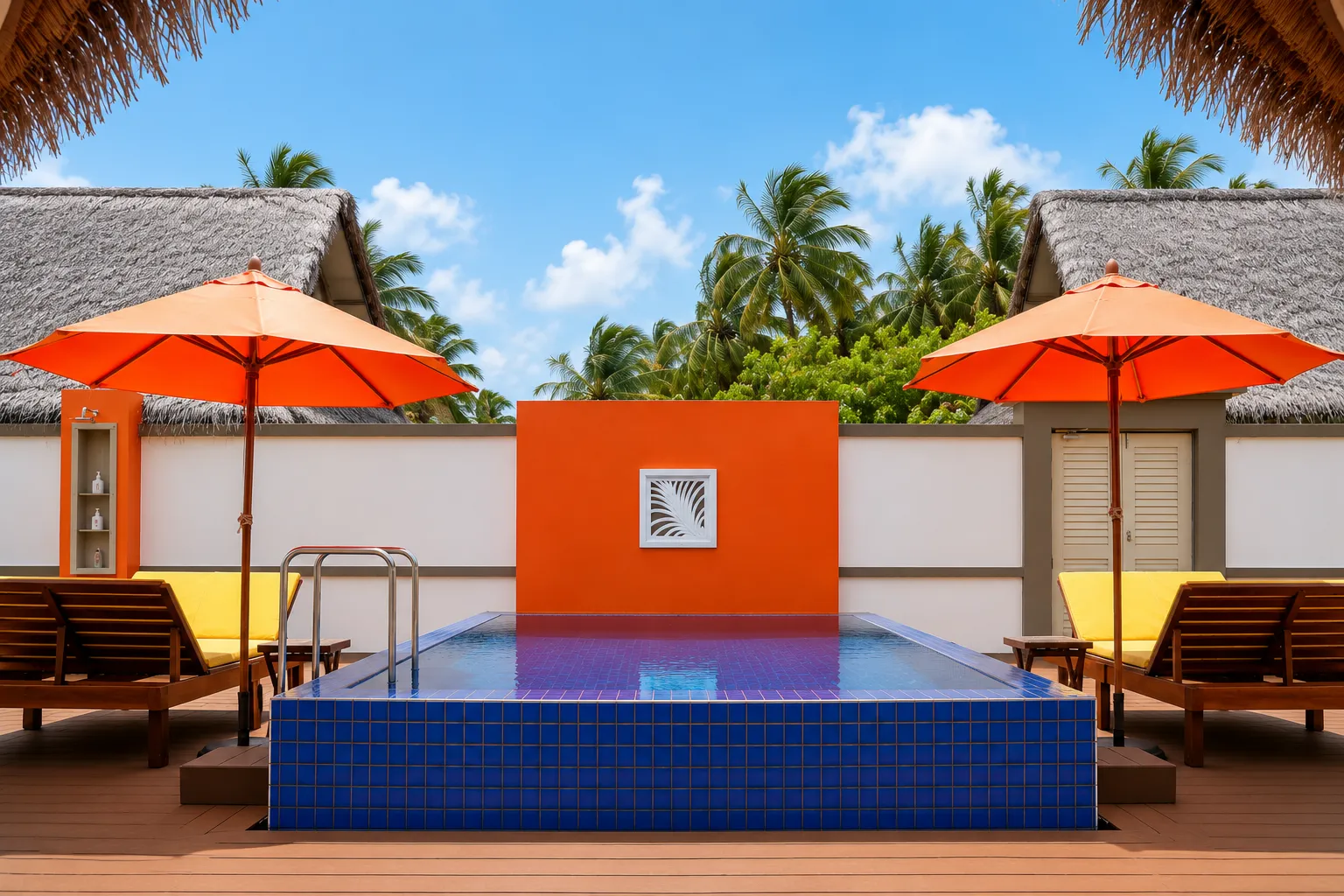 The Angsana Three-Bedroom Pool Villa’s pool between 2 thatched villas, with 2 orange parasols.