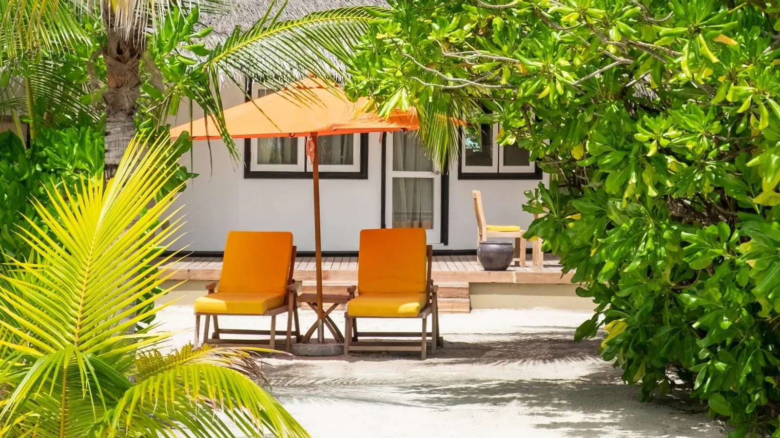 A Beachfront Villa’s garden: 2 yellow chairs under an orange parasol, between the palms and the white house.