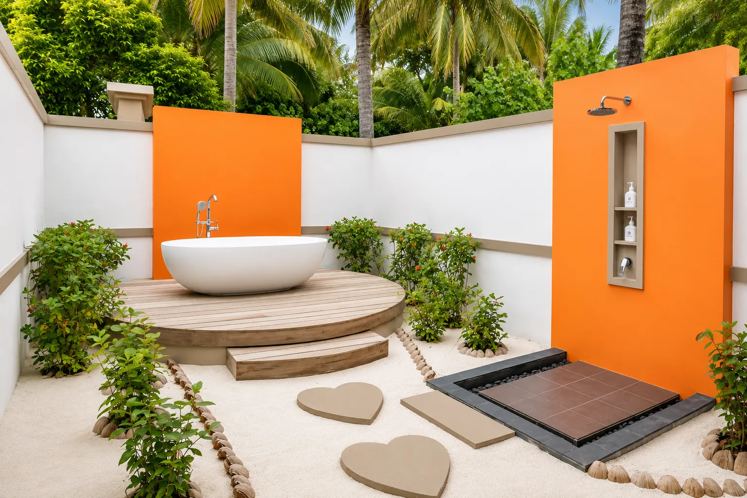 A beach villa’s open-air bathroom: the white tub on a deck, the shower on the orange wall and the plants.