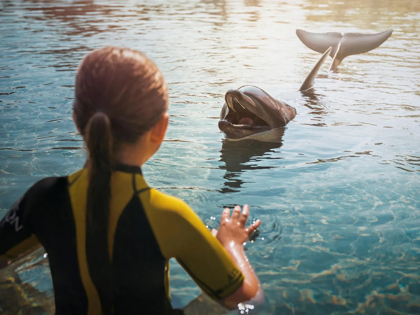 A girl in a wetsuit meeting a dolphin at Dolphin Bay