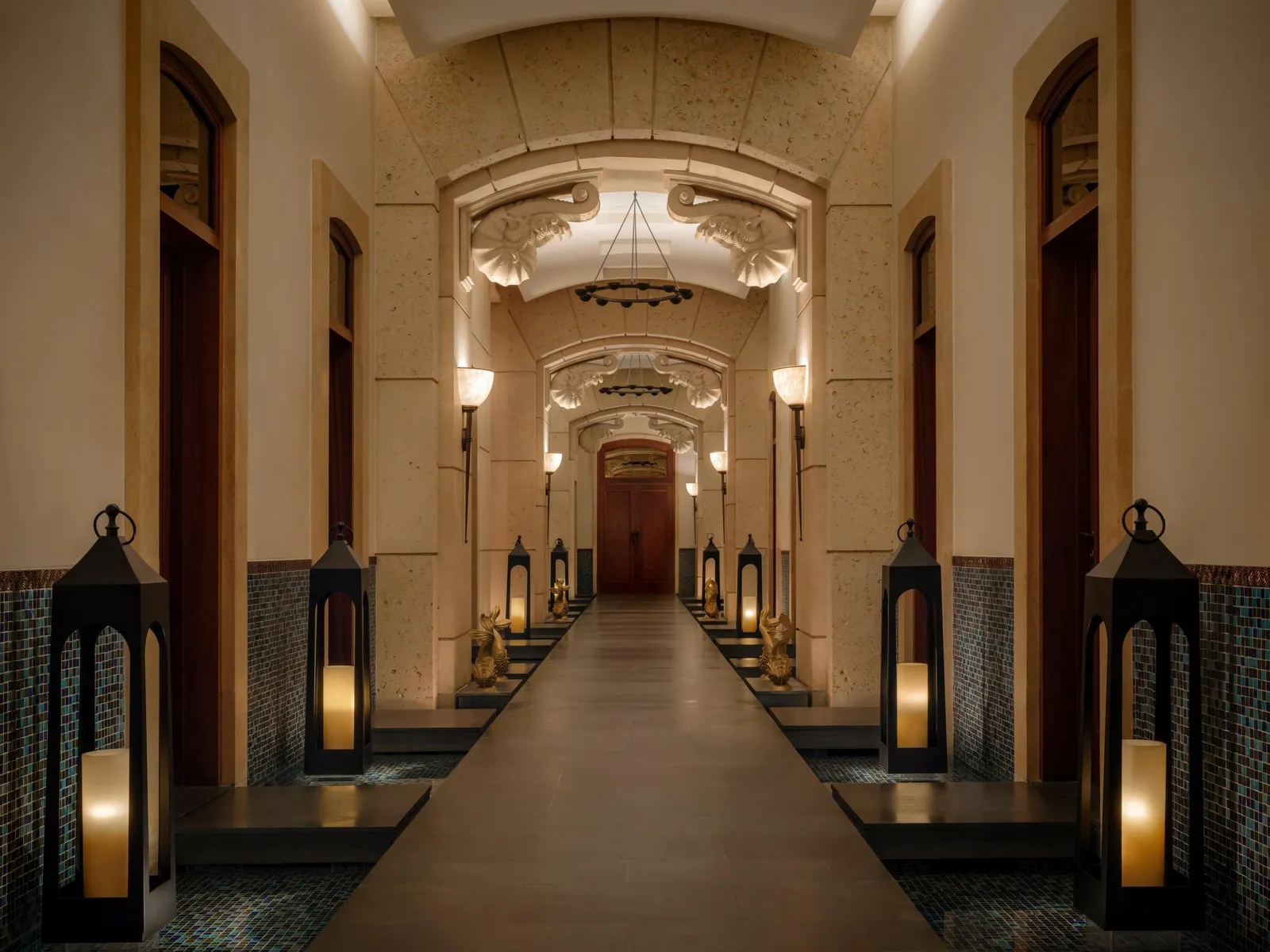 The AWAKEN spa corridor with lanterns