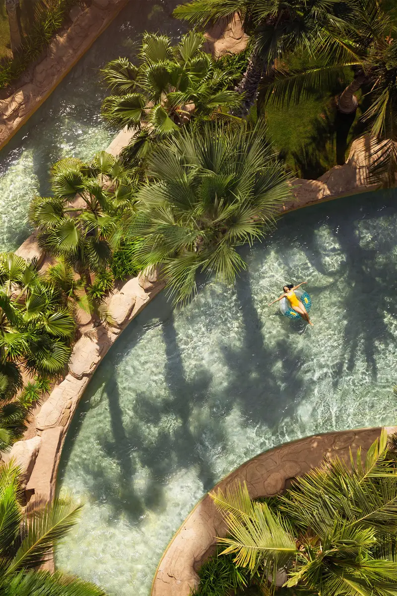 Aquaventure’s lazy river among palms, from above