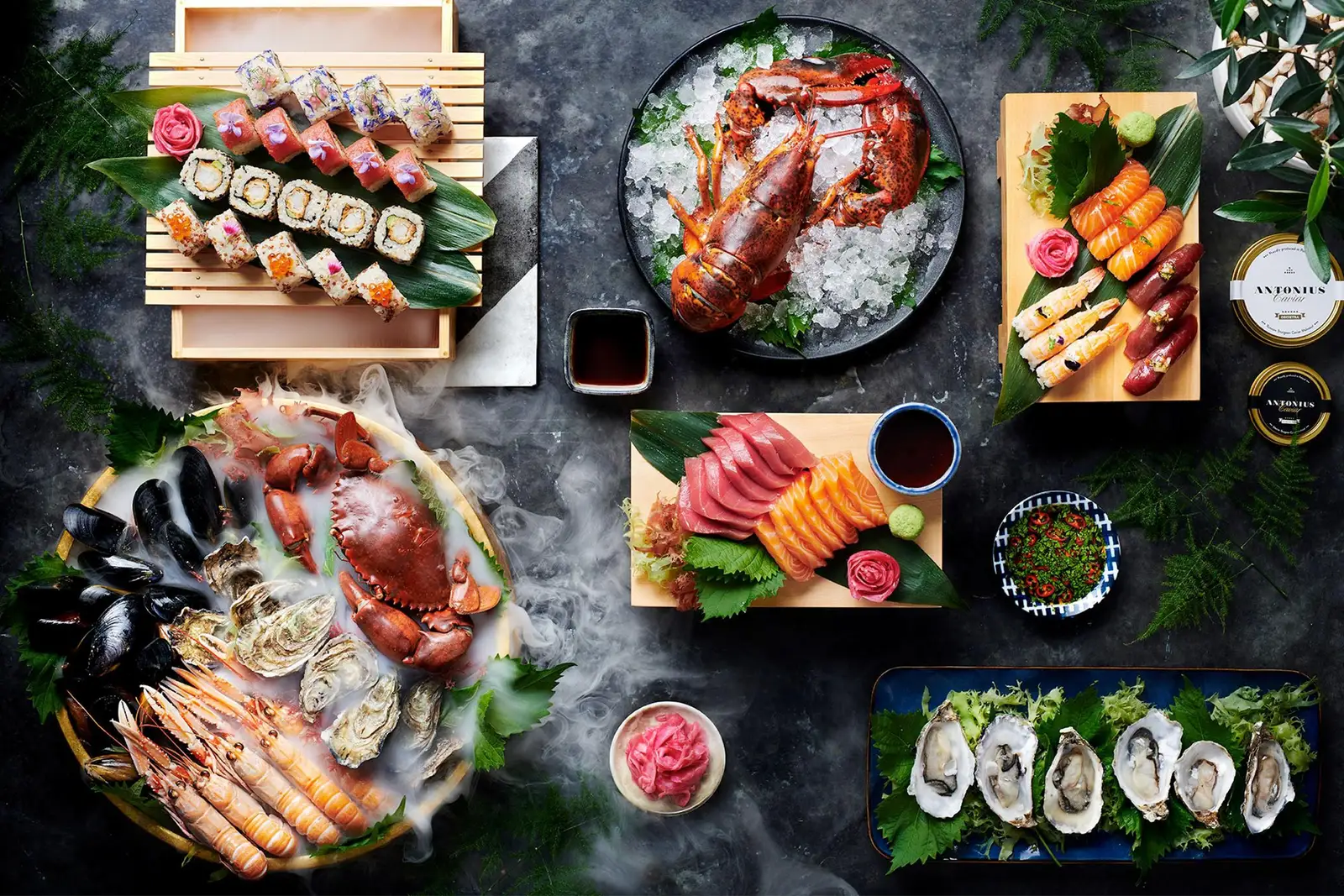 A table of seafood, sushi and oysters at Gastronomy