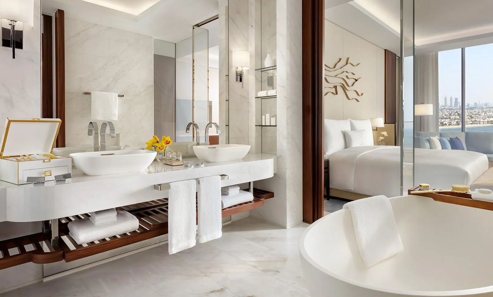 A Palmscape Queen room with its bath, one half of a Family Room