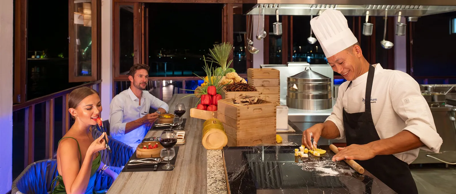 At the Teppanyaki Grill the chef cooks on the hotplate in front of a couple