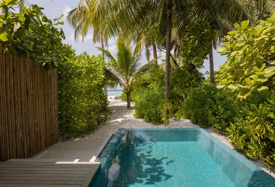 The private pool of the 2-bedroom villa, between bamboo and palms, the path leading to the beach.