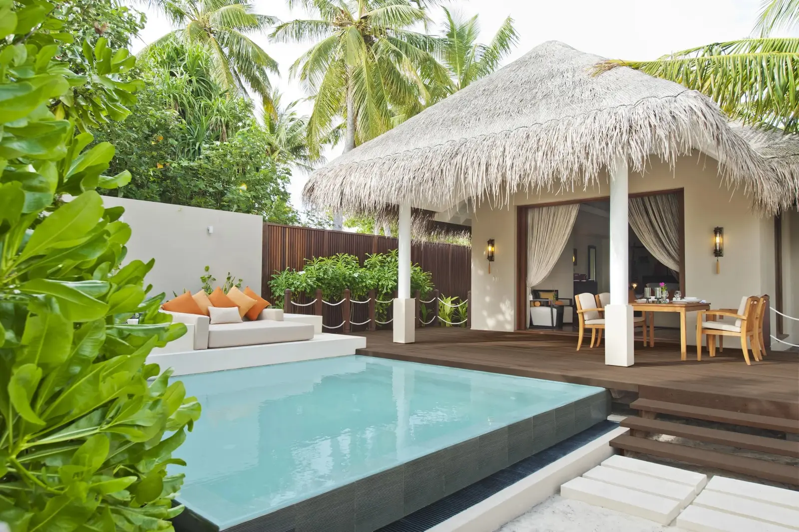 A Beach Suite: its thatched pavilion and the pool on the terrace