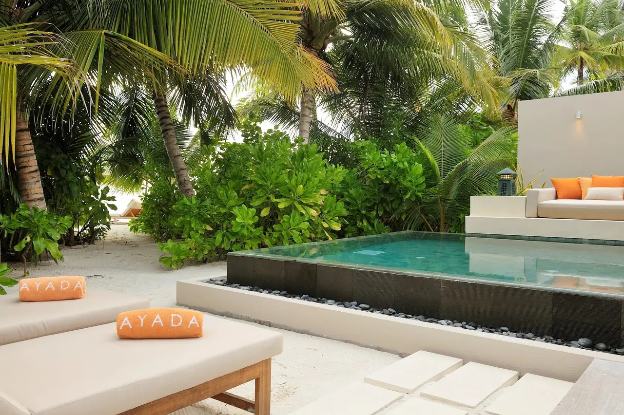 A Sunset Beach Suite’s pool among the greenery, loungers marked Ayada