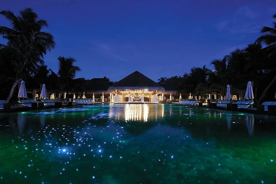 The Zero Degree pool at night, lights in the floor like stars
