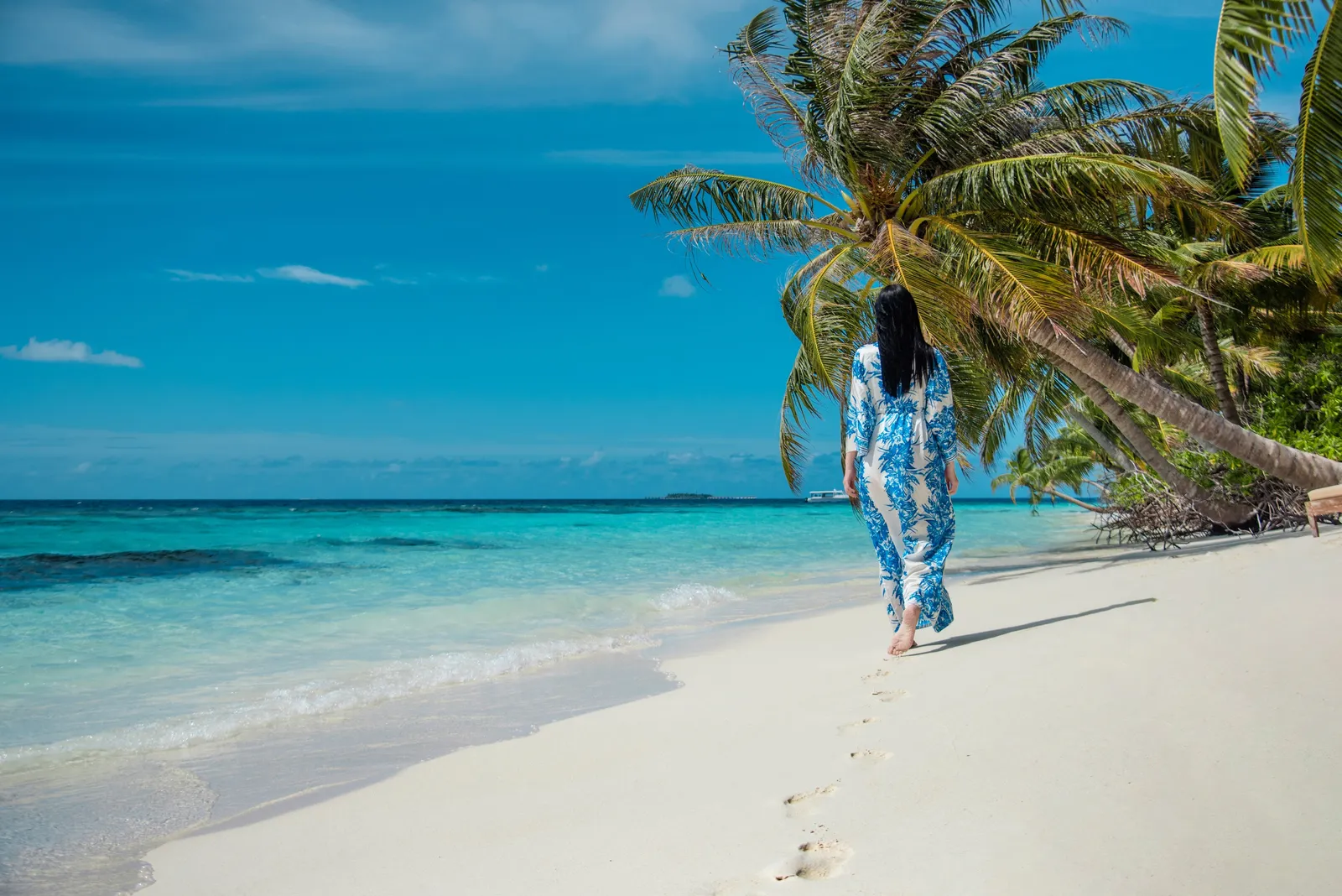 A woman walking on the sand beneath a palm leaning over the sea